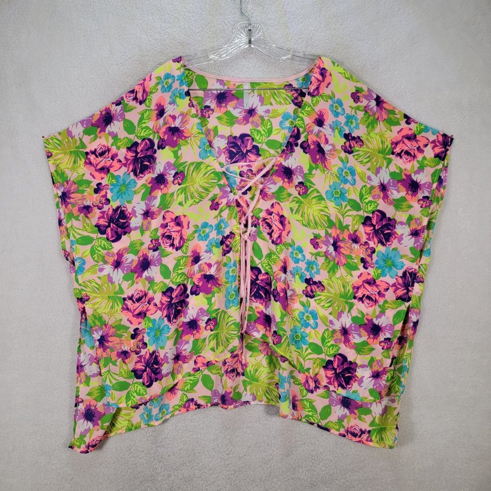 S Swim Floral Colorful Lace Up V Neck Kimono Kaftan Lightweight Beach Coverup